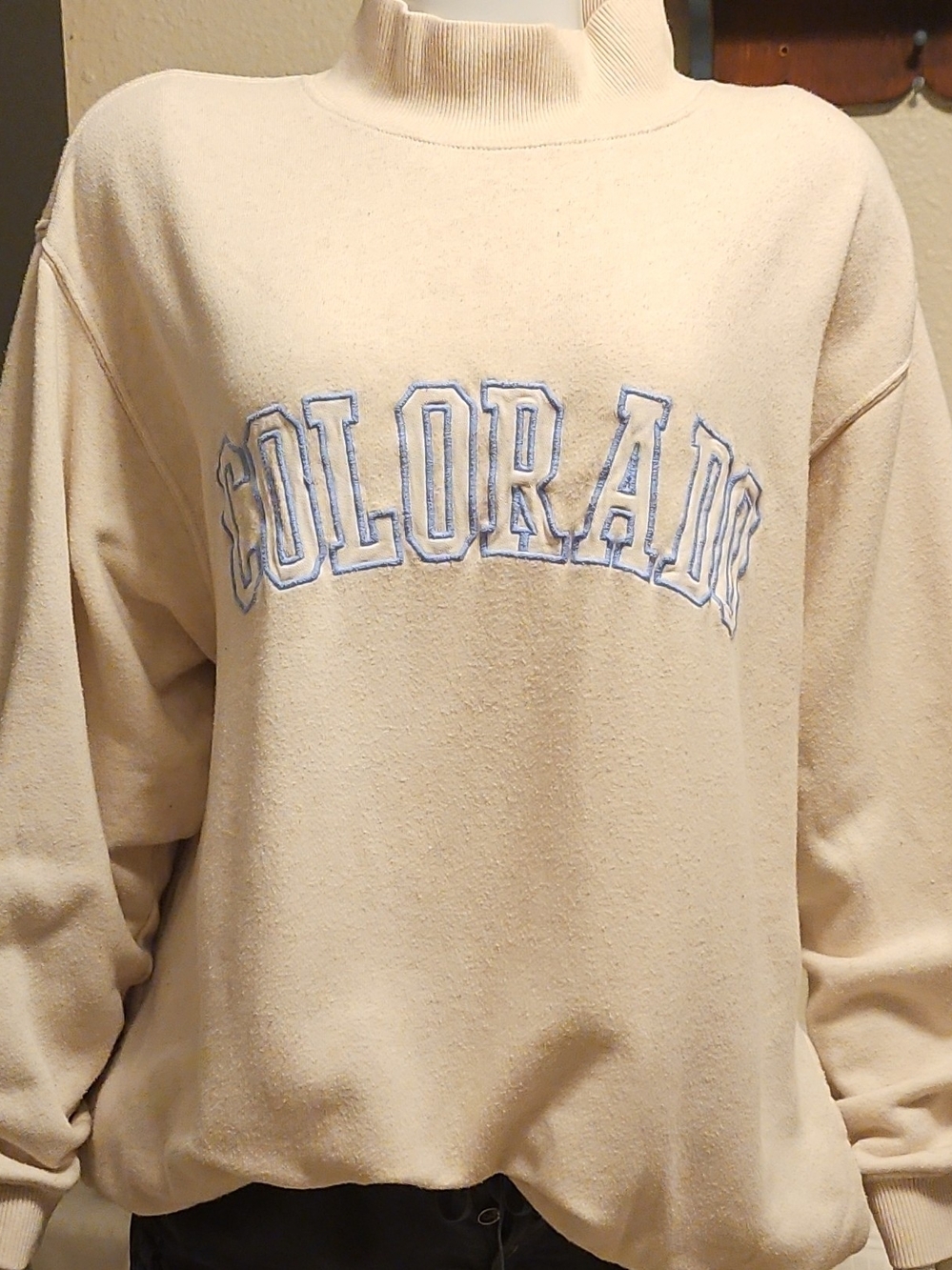 aerie Cream Mock-Neck Sweater with Light Blue 'COLORADO' Embroidery